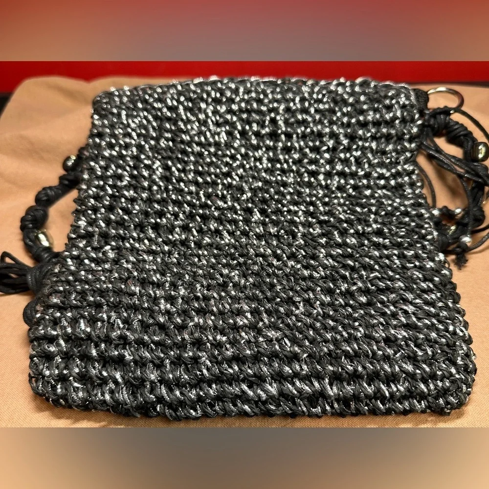 Sun’N’Sand Black Crochet/Woven Crossbody Bag with Metallic Silver Thread & Beads